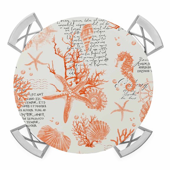 Orange Starfish Round Tablecloth for 36-44 Inch Tables,Fitted Table Cover with Elastic Edge,Rustic Ocean Coastal Shells Conch Coral Waterproof Outdoor Table Cloth Protector for Patio Garden Dinner