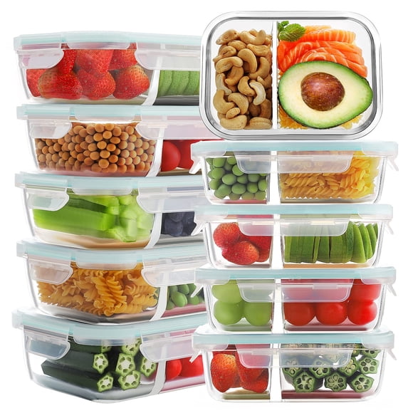 Set de 10 Contenedores de Vidrio Bayco para Preparación de Comidas con 2 Compartimentos, 17.5x13.2x6.5 cm, 630 ml