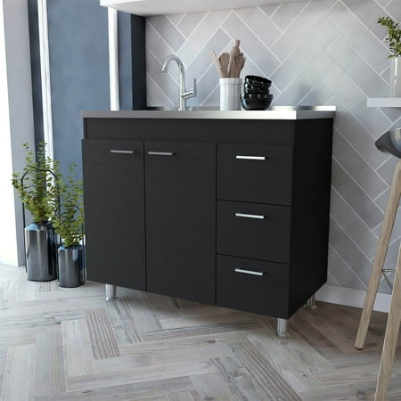 Izzovium Black 2-Door 3-Drawer Kitchen Cabinet 35.4 H x 39.3 W x 20.6 D Melamine Base Storage with Faucet Hole & Spacious Compartments