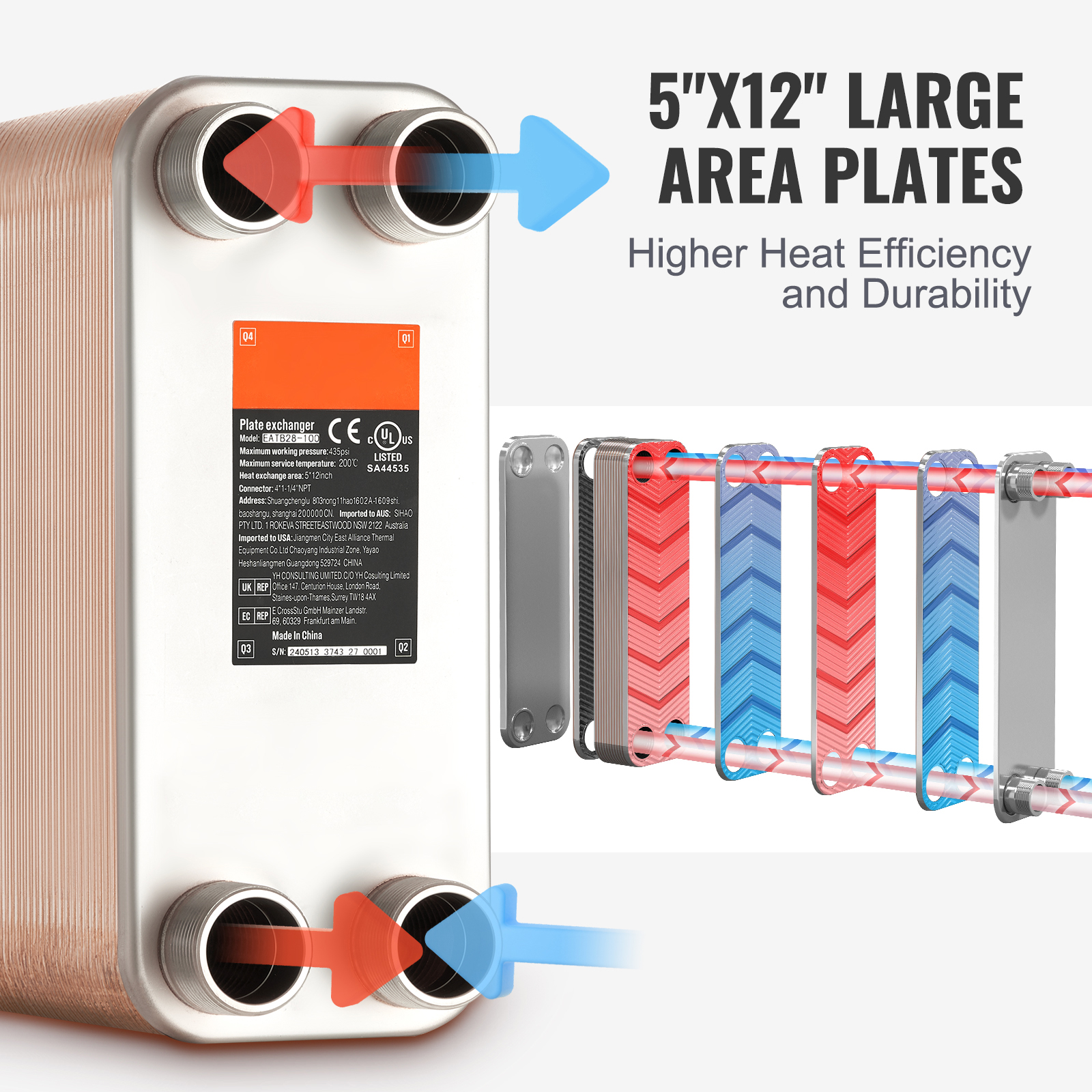 100 Plate Brazed Heat Exchanger – 4 X 1-1/4" MNPT Ports, 316L Stainless Steel, 5x12 Plates