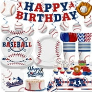 187Pcs Baseball Birthday Decorations Tableware Set Serve 25 Guests, Baseball Party Decorations Include Banner, Plates, Tablecloth, Cake Topper, Cups, Cupcake Topper for Baseball Birthday Party