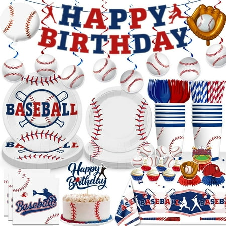 187Pcs Baseball Birthday Decorations Tableware Set Serve 25 Guests, Baseball Party Decorations Include Banner, Plates, Tablecloth, Cake Topper, Cups, Cupcake Topper for Baseball Birthday Party