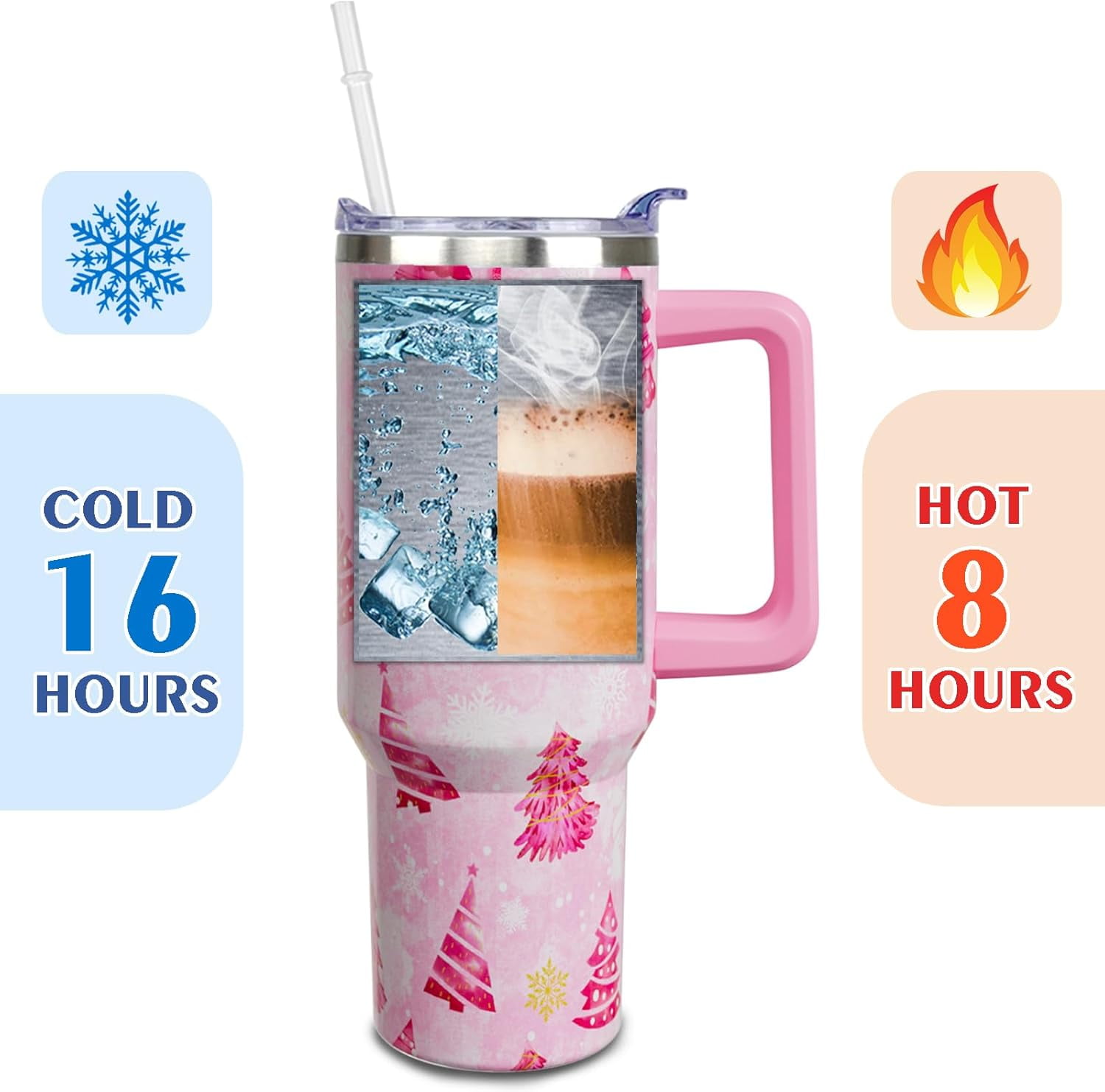 Christmas Tumbler 40 oz Christmas Tumblers with Handle and Straw Pink Christmas Tree Stainless Steel Insulated Coffee Cups Mugs Christmas Gifts Stuff Decor for Women Girls