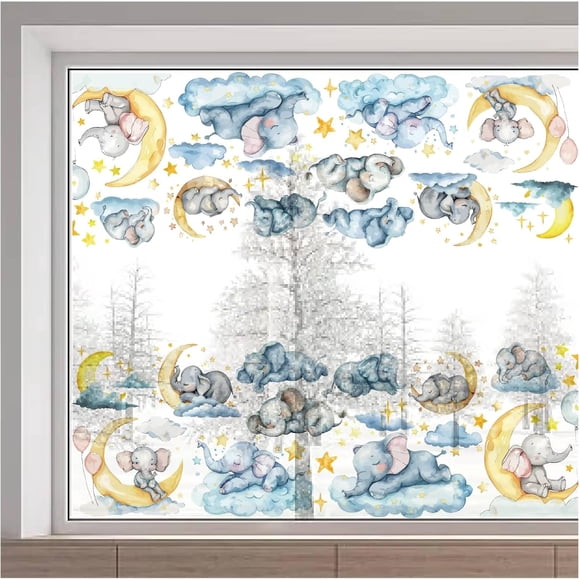 Pegatina para ventana de elefante durmiendo de 15 x 46 pulgadas, diseño de estrella, nube, globo, animal, calcomanías de vidrio, estáticas, extraíbles, película adhesiva para ventana, decoración