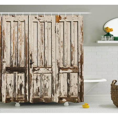 Rustic Shower Curtain, Vintage House Entrance with Vertical Old Planks Distressed Rustic Hardwood Design, Fabric Bathroom Set with Hooks, Brown White, by (Best Master Bathroom Designs)