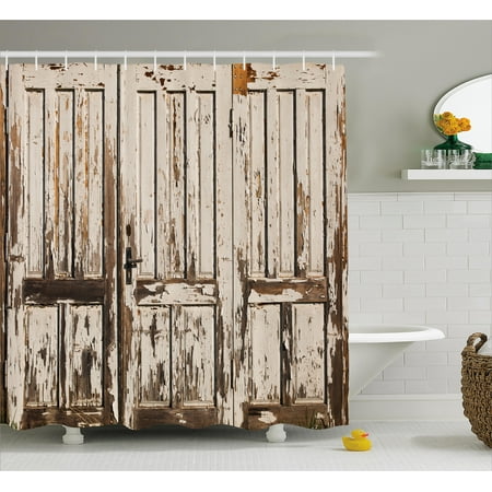 Rustic Shower Curtain, Vintage House Entrance with Vertical Old Planks Distressed Rustic Hardwood Design, Fabric Bathroom Set with Hooks, Brown White, by