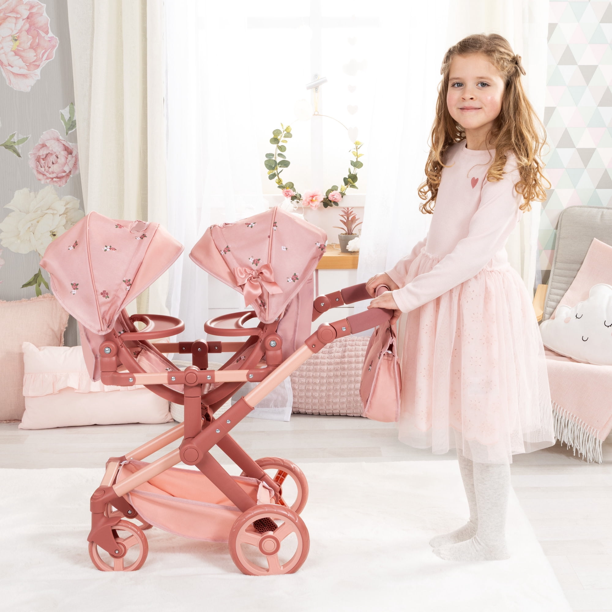 Bayer Design: Doll Pram Xeo Twin - Pink & Flowers - Play Push Stroller, 2 Adjustable Seats & Handle, Handbag, Toy Accessory Fits 18" Dolls, Kids 3+