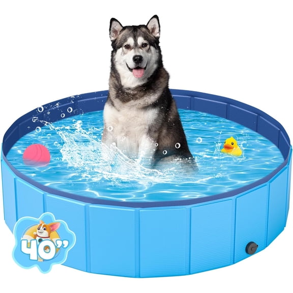 Portable Dog Pool PVC Pet Swimming Bathtub Collapsible Hard Plastic Pool for Pets to Swim and Bath (M-40"x 12" Blue)