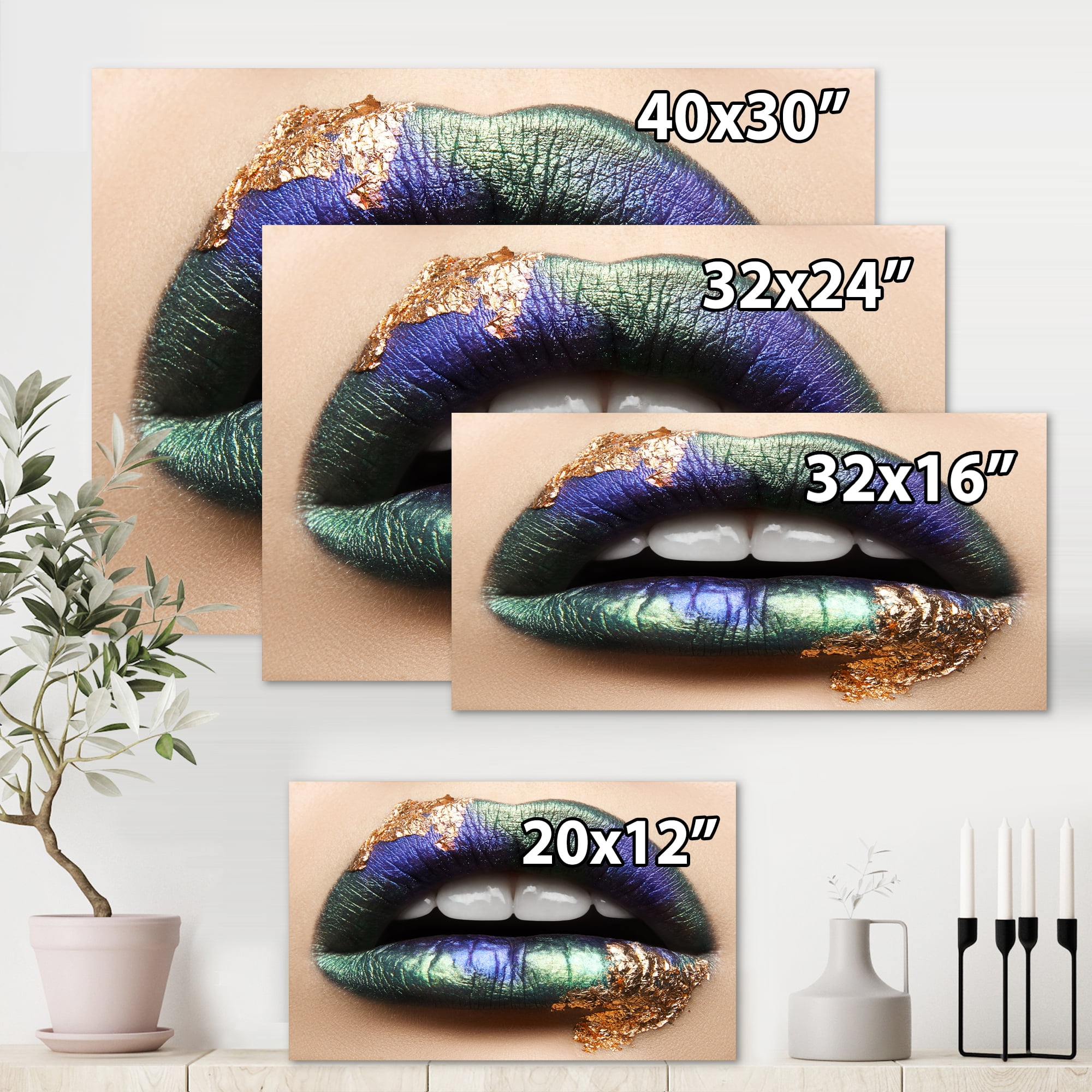 Woman Lips With Green Lipstick & Teeth 12 in x 8 in Painting Canvas Art Print, by Designart
