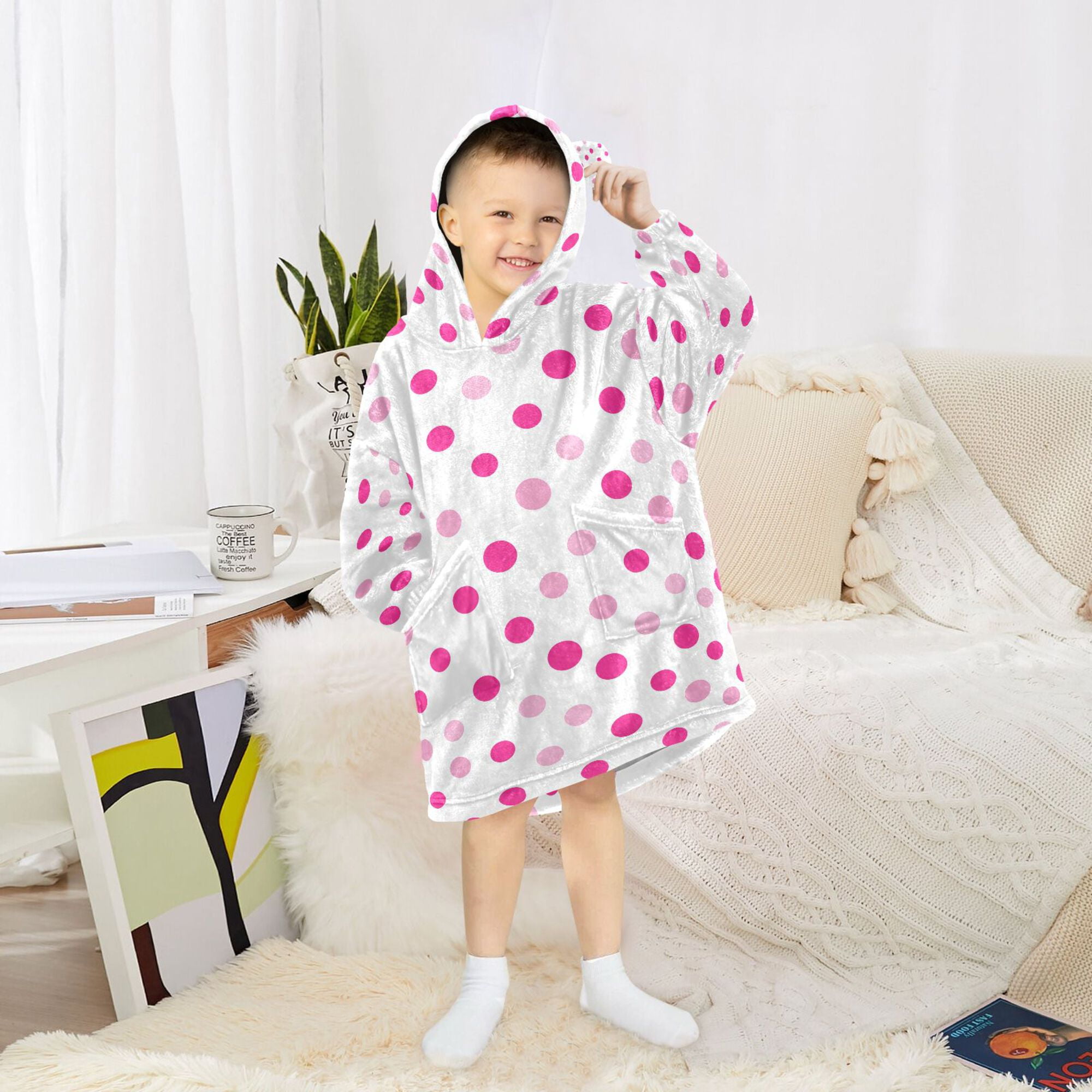 FORMRS Wearable Blanket Hoodie with Sleeves for Kids Cozy Flannel Sweatshirt, Purple Polka Dots