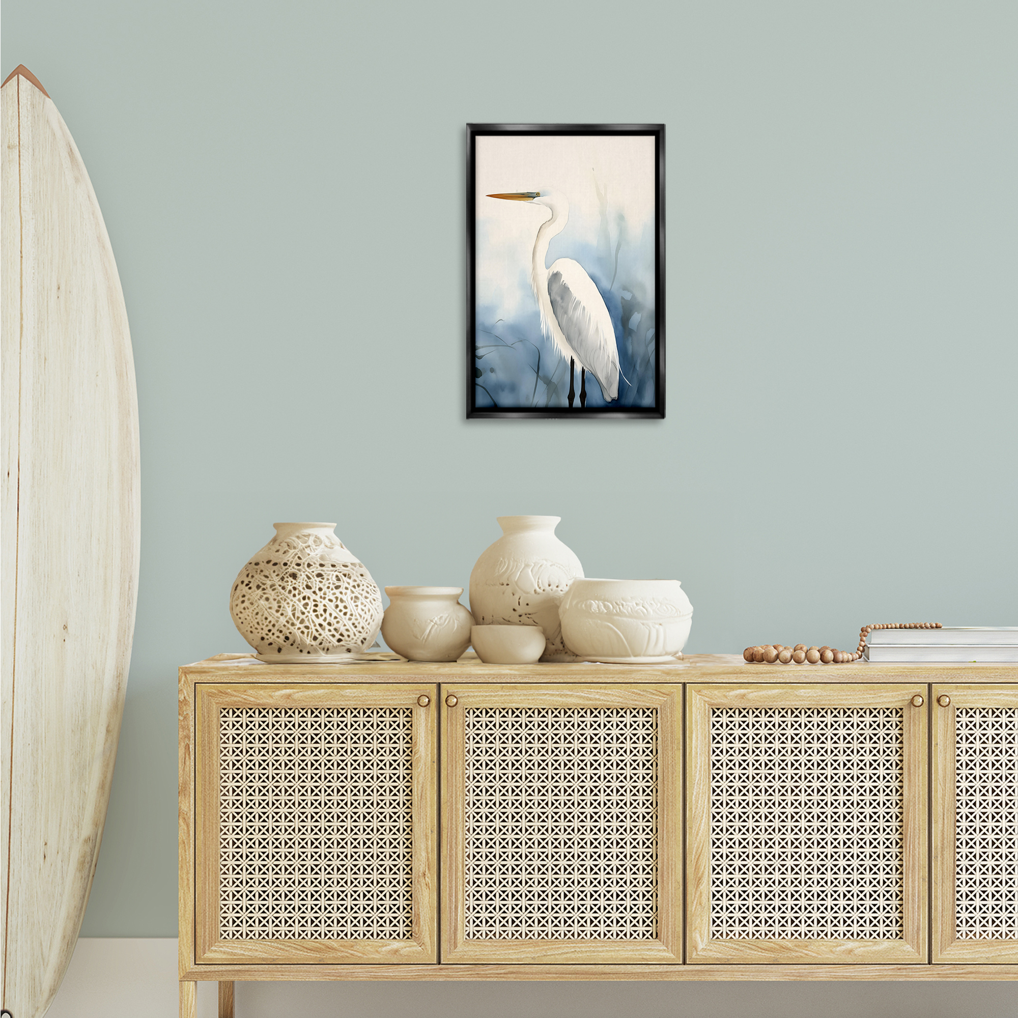 Stupell Industries Egret Beach Bird Animals & Insects Painting Black Floater Framed Canvas Art Print Wall Art, 17 x 25