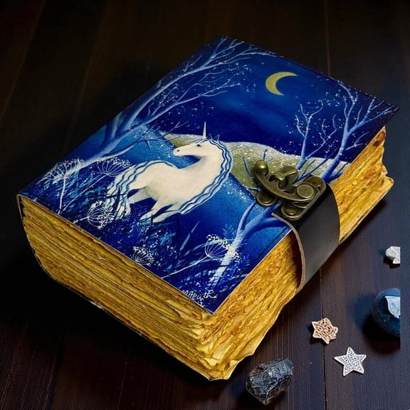 Handmade Leather Journal with Unicorn Design – 5x7 Inch | 200 Handmade Pages | Vintage Deckle Paper | Locking Clasp | Gift Notebook