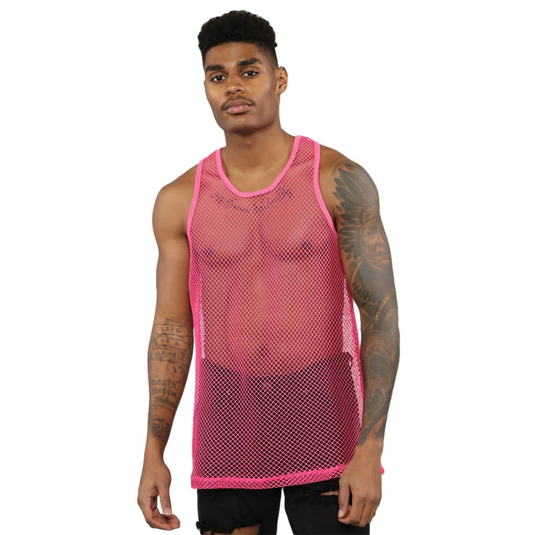 ZIYIXIN Men's Sleeveless Fish Net String Mesh Fitted Vest Casual Sports  Summer Gym Training Tank Top T Shirt Pink L