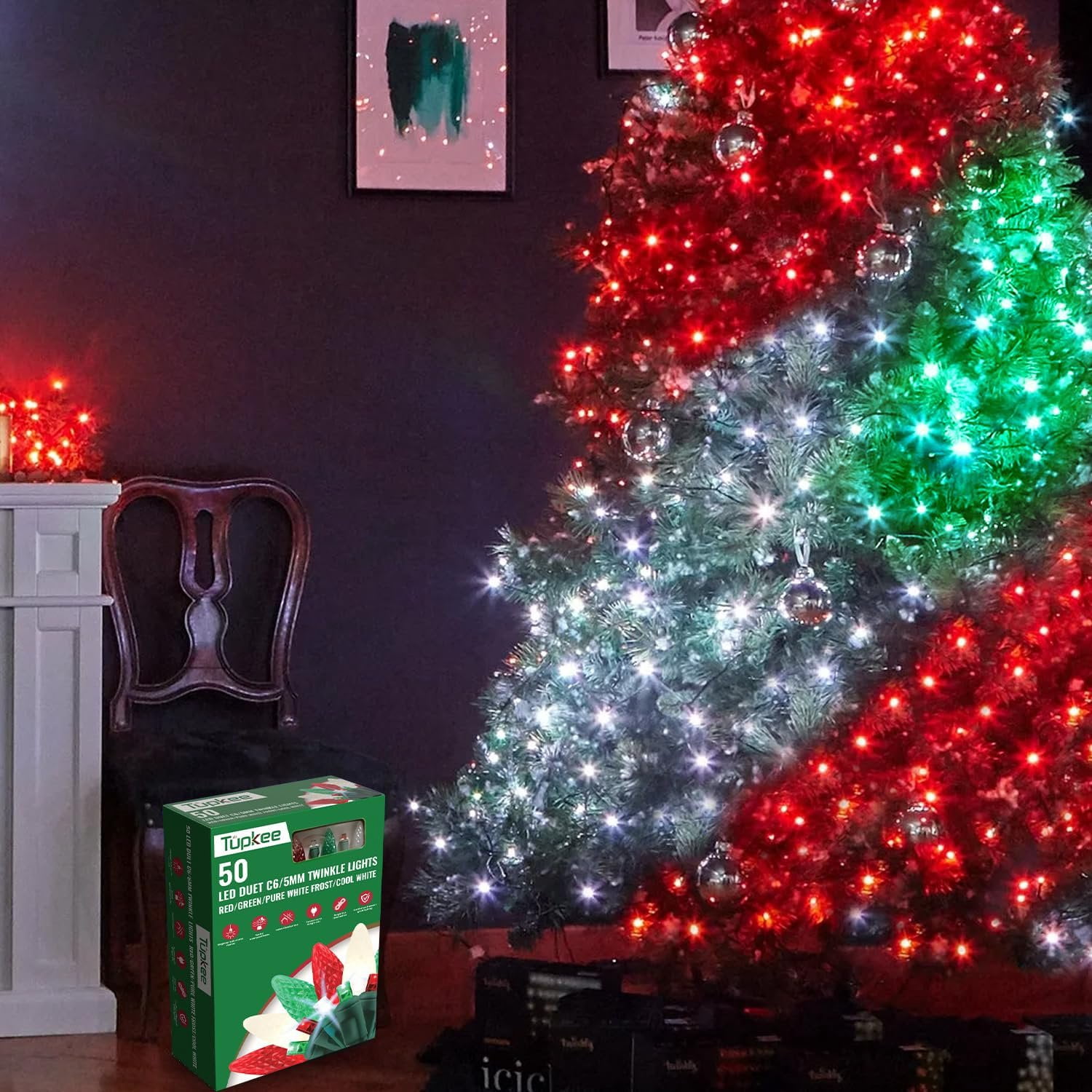 Christmas LED Duet C6/5mm Twinkling Lights  8 of 50 Lights Twinkle, Professional Grade Indoor Outdoor, 24.5 Feet Sparkling Light String, 50 Red, Green & White LED Bulbs - Christmas Tree Holiday Decor