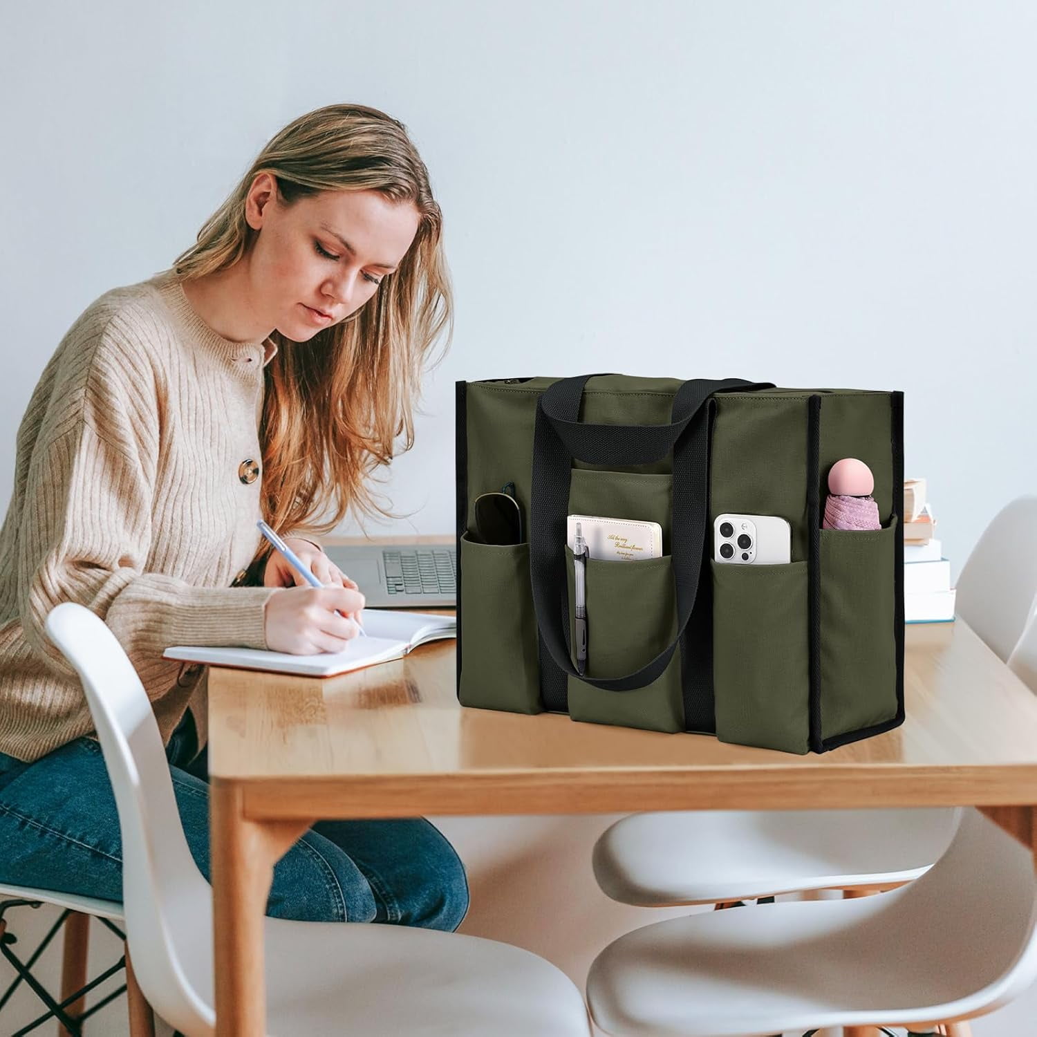 Omlopp Large Tote Bag for Women Waterproof with 12 Pockets Top Zipper Closure Utility Teacher Nurse Bags for Work School-Army Green-Large
