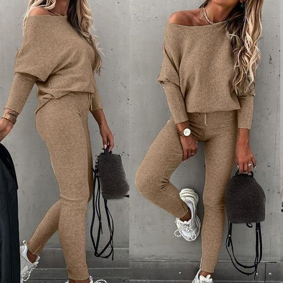 Qetyuw Women's 2 Piece Outfits Fall Casual Elastic Sweatsuits One Shoulder Long Sleeve Pullover High Waist Skinny Pants Tracksuit Solid Color Trendy Sets