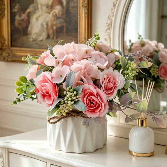 VVQ Artificial Flowers With Small Ceramic Vase, Fake Silk Variety Flower Balls Decoration Table Centerpiece, Plastic Potted for Home Office Party Wedding, Pink