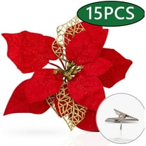 Christmas Tree Ornaments Decorations Poinsettia Artificial Christmas Flowers Xmas Tree Red Glitter Gold with Clips 15 Pcs