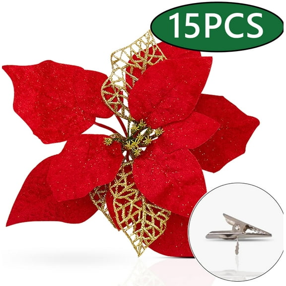 Christmas Tree Ornaments Decorations Poinsettia Artificial Christmas Flowers Xmas Tree Red Glitter Gold with Clips 15 Pcs