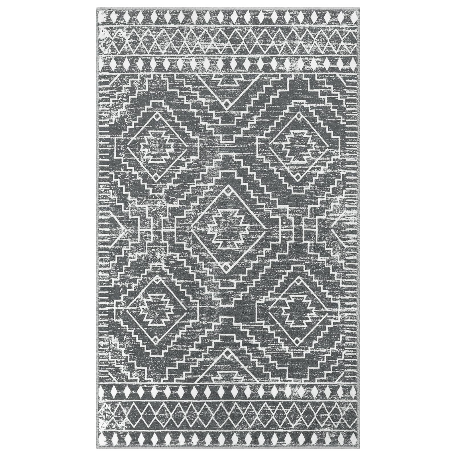 Lahome 3'x5'Washable Area Rug, Boho Living Room Rug, Non-Slip Farmhouse Rustic Bedroom Throw Mat, Non-Shedding Soft Geometric Floor Carpet for Kitchen Entry Office,Dark Grey