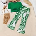 thumbnail image 3 of Girls Summer Outfits Tropical Print Green 2 Piece Set - Puff Sleeve Twist Front Crop Top with High Waist Bell Bottom Flare Pants,Size 3-4T, 3 of 5