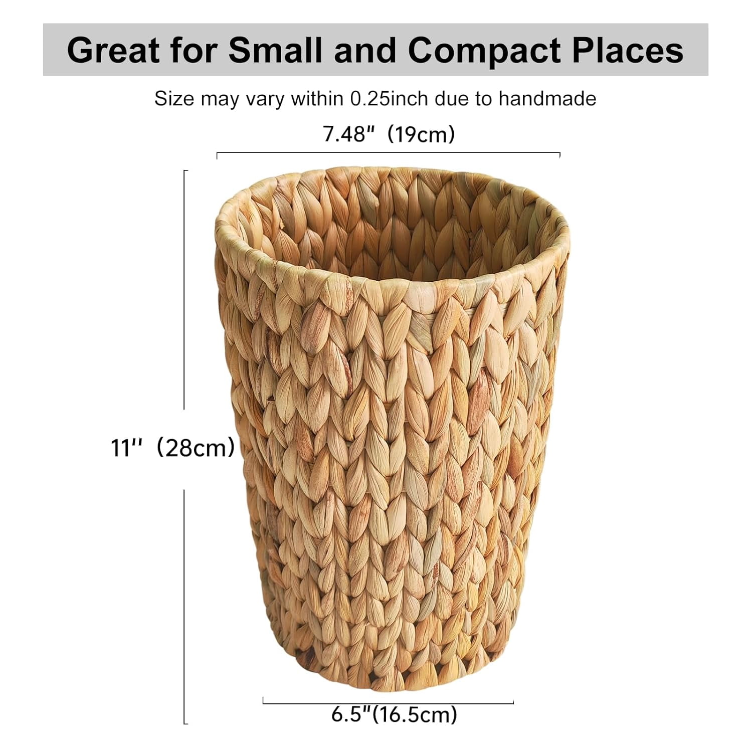 Wicker Trash Can, Small Water Hyacinth Waste Basket for Bathroom Home Office (2 Gallon Round)