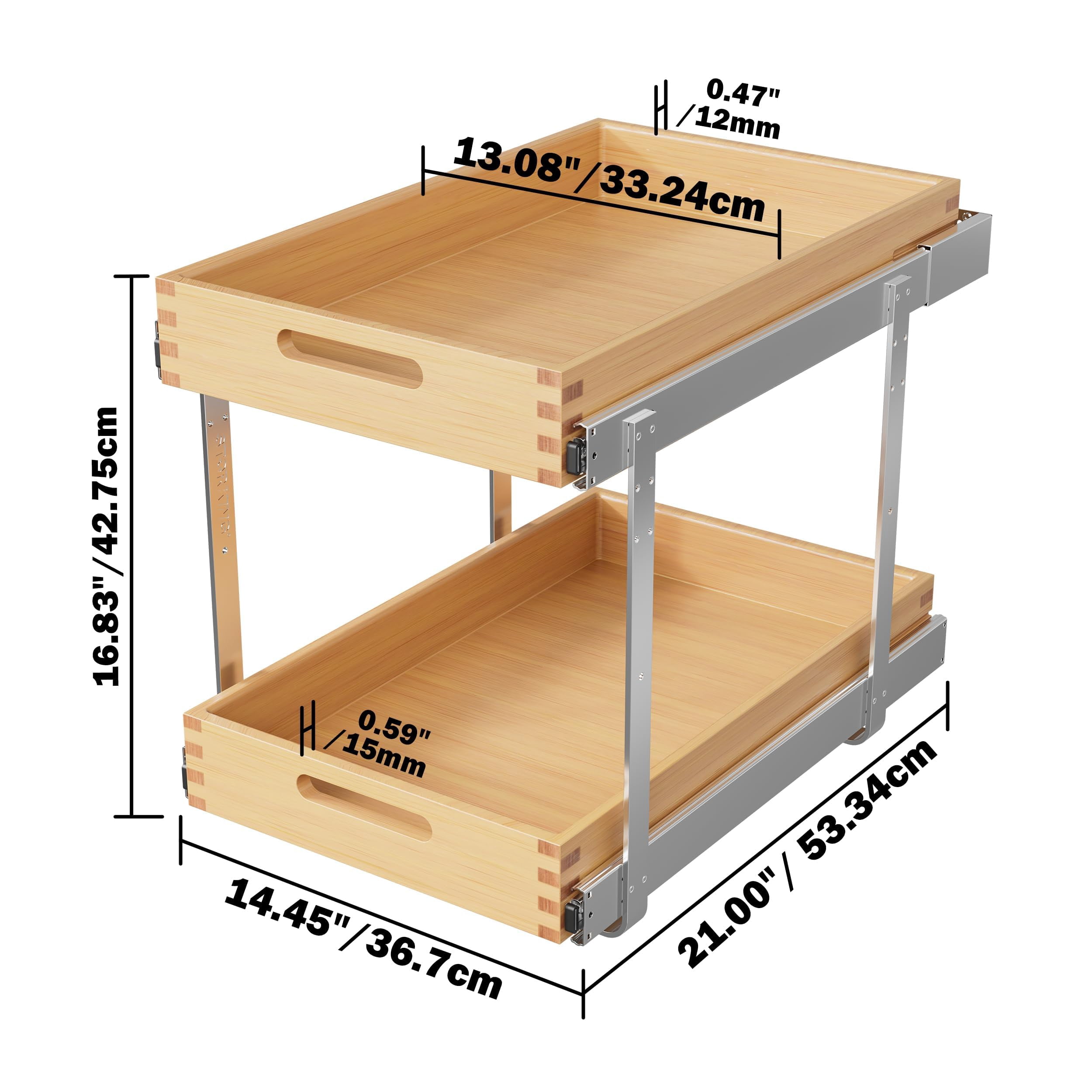 STORKING 2 Tier Pull Out Drawers for Cabinets 15" W x 21" D, Heavy-Duty Slide Out Wood Drawer Shelf, Base Organization for Kitchen, Pantry