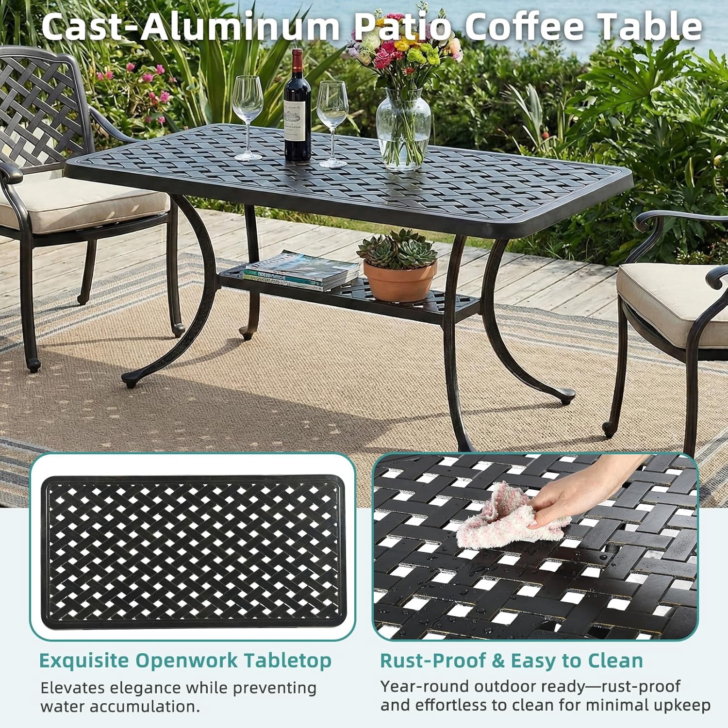 MEETWARM Outdoor Cast Aluminum Coffee Table, 42" Rectangle Patio Coffee Table with 2-Tier Storage Shelf, All-Weather Heavy Duty Patio Side Table for Outside Poolside Deck Garden & Indoor, Dark Bronze