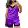 

BIZIZA Women Pajama Sets Satin Solid Color V-Neck Shorts 2 Piece Cami Lingerie Underwear Sleepwear Purple XL