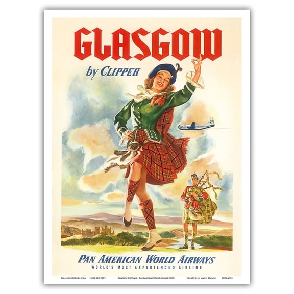 Glasgow Scotland by Clipper - Pan American World Airways - Vintage Airline Travel Poster c.1951 - Master Art Print (Unframed) 9in x 12in