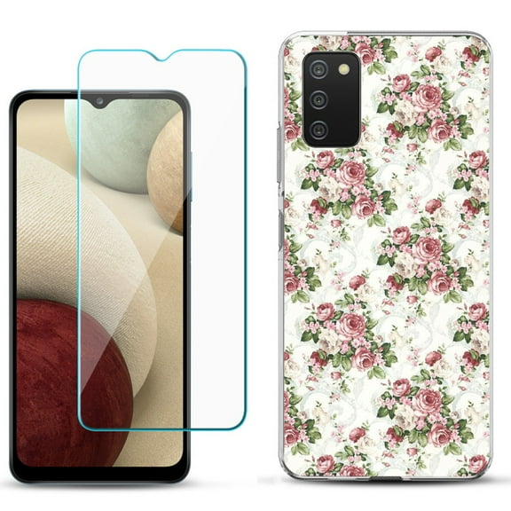 Slim-Fit TPU Phone Case Compatible with Samsung Galaxy A02s, with Tempered Glass Screen Protector, by OneToughShield ® - Floral/Rose
