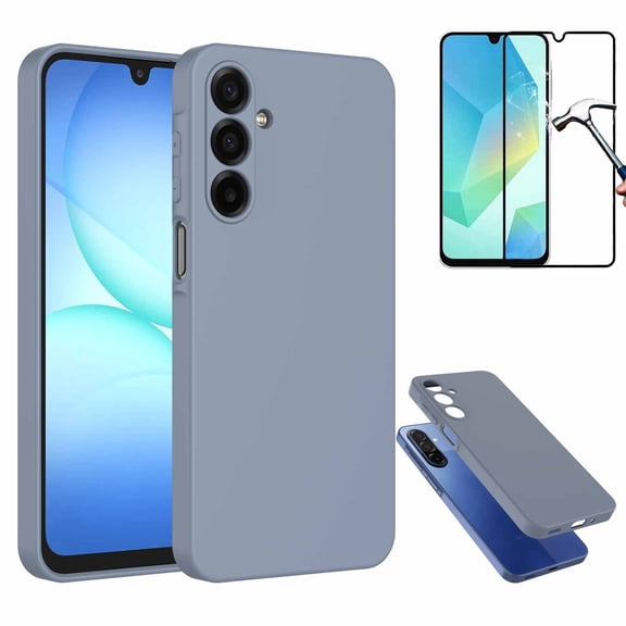 Galaxy A17 5G Liquid Silicone Case with Tempered Glass Screen Protector,Shockproof Rugged Cover,Military-Grade Drop Protection,Microfiber Lining,Phone Case for Samsung A17 5G 2025 6.7"-Gray