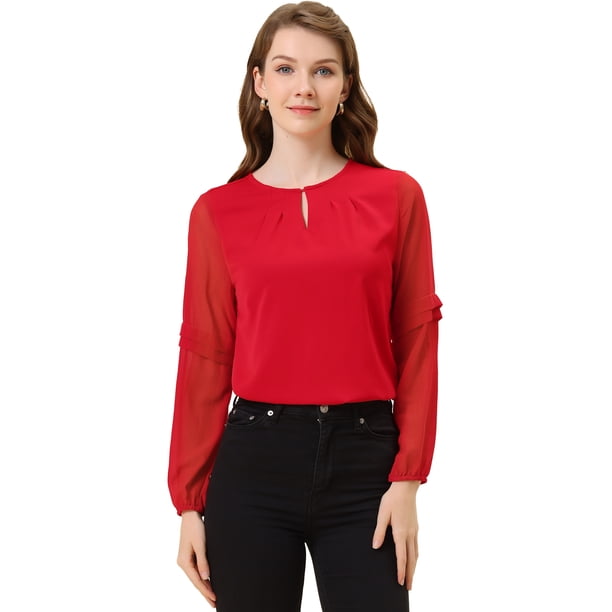 Top de la blusa de la oficina del trabajo del cuello del ojo de la cerradura de las mangas largas semi transparentes de la gasa elegante de las mujeres rojo M