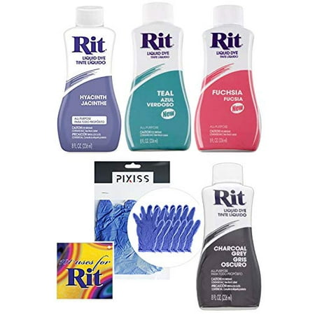 Hyacinth Pack - Rit All Purpose Dye Liquid 4 Pack Teal, Fuchsia, Hyacinth and Charcoal Grey with 3 Pair of Puixiss Gloves and Rit Uses Guide