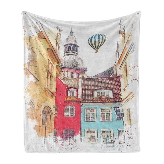 Watercolor Soft Flannel Fleece Throw Blanket, Artwork Painting of Architecture of Riga in Latvia in the Center of the City, Cozy Plush for Indoor and Outdoor Use, 50" x 60", Multicolor, by Ambesonne