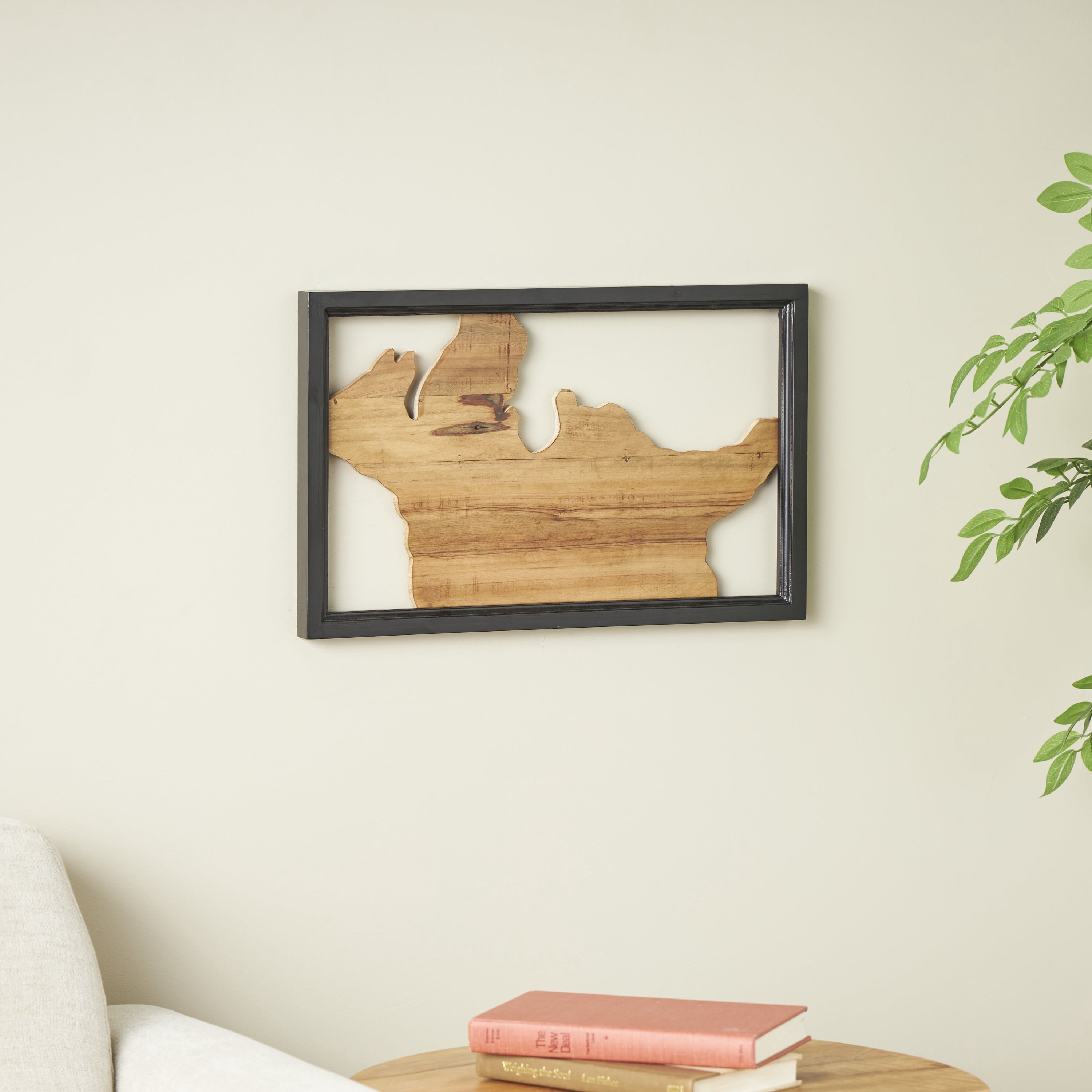 DecMode Brown Wood Handmade Live Edge Wood Slab Abstract Wall Decor with Black Frame
