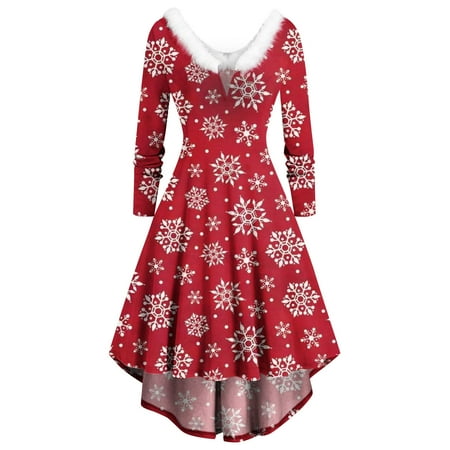 

Honeeladyy Women Long Sleeve Christmas Printed Furry V-Neck Draw Back Swing Party Dress Clearance under 5$
