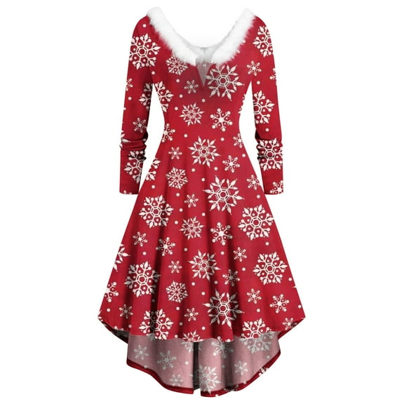 Herrnalise Women’s Dresses Summer 2024 Long Sleeve Christmas Printed Furry V-Neck Draw Back Swing Party Dress S-2XL