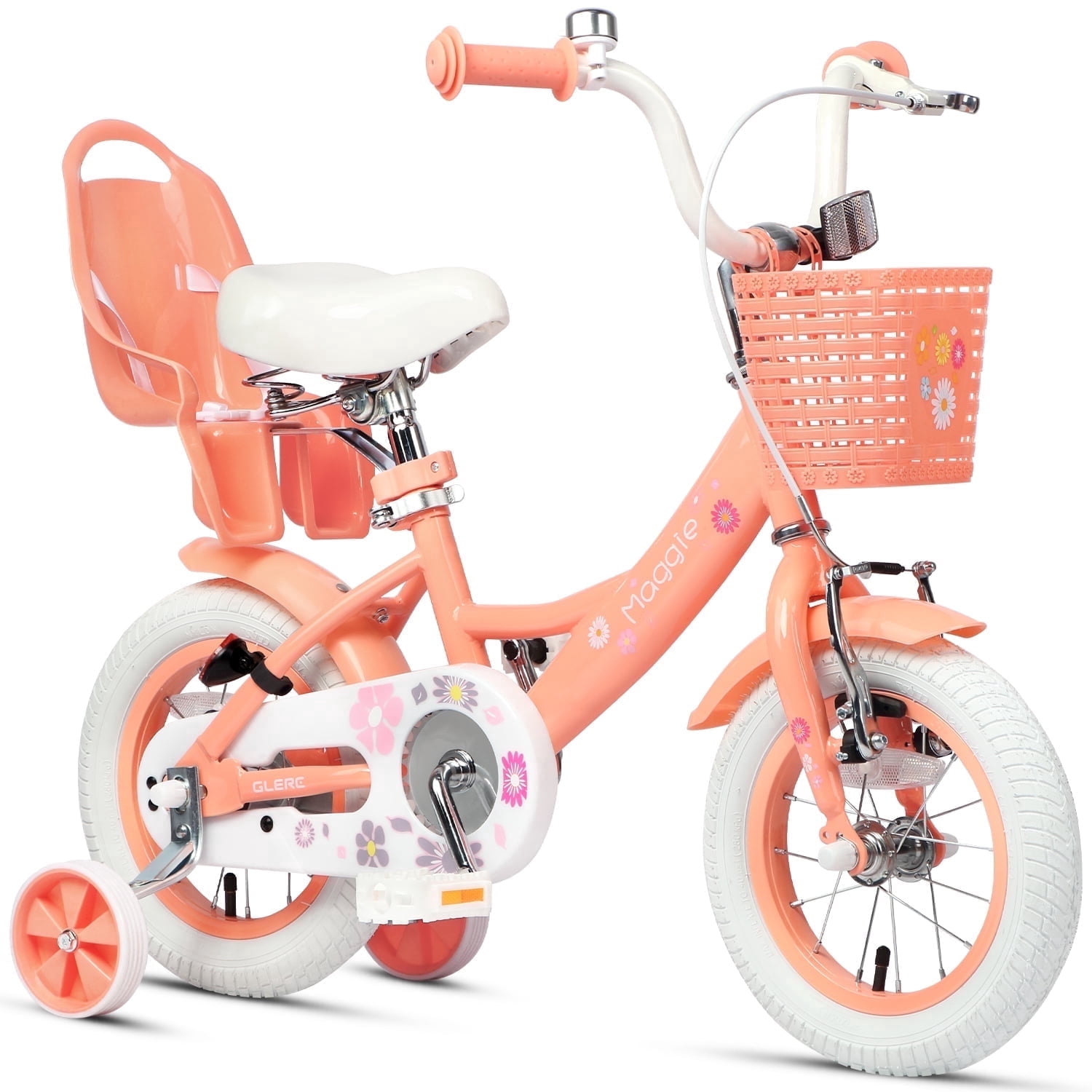 Glerc Maggie 12 inch Kids Girls Bike for Ages 2-4 Years Old Children, Princess Style Kids Bicycle with Doll-Seat & Basket & Training Wheels, Peach