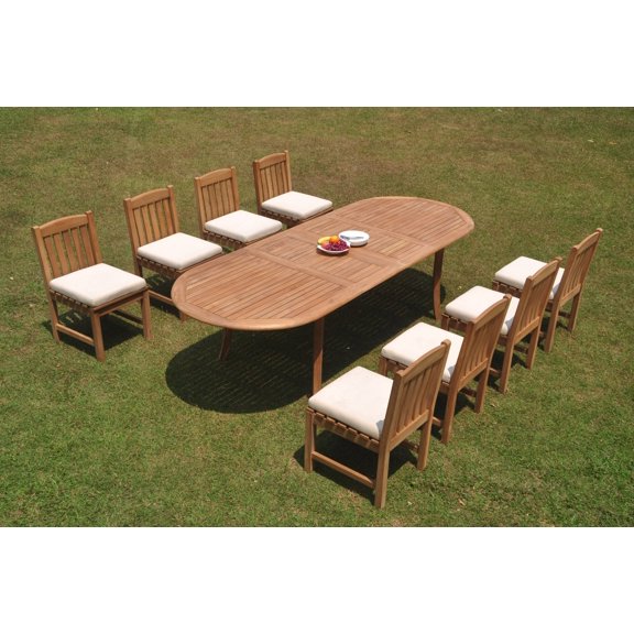Grade-A Teak Dining Set: 8 Seater 9 Pc: 118" Double Extension Oval Table And 8 Devon Armless Chairs Outdoor Patio WholesaleTeak #WMDV47