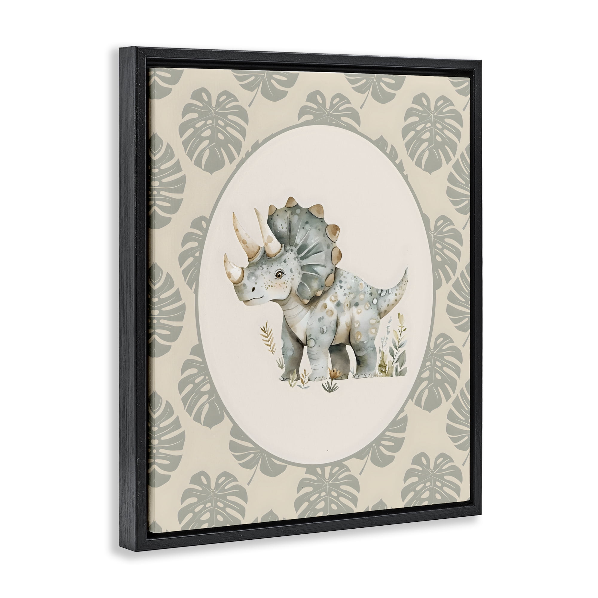 Stupell Industries Watercolor Dinosaur Tropical Border Black Framed Floater Canvas Wall Art, design by LSR Design Studio