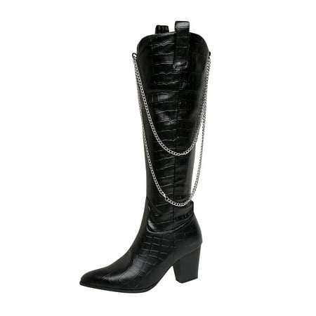 

Winter Savings Clearance Deals 2022! Juebong Women s Winter Metal Chain Side Zipper Warm Chunky High Heel Pointed High Boots