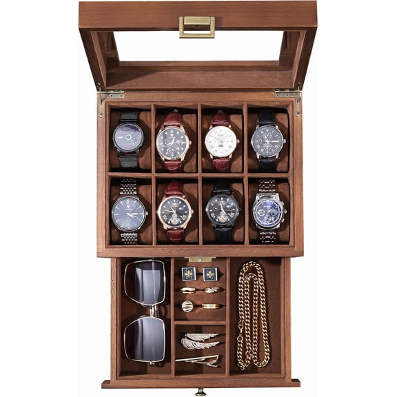 ProCase 8 Slot Wooden Watch Case, 2-Layer Mens Watch Box with Drawer -8 Slot, Brown