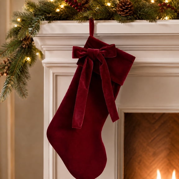 Under 4$! 19 Inch Red Velvet Christmas Stocking, Thick Traditional Holiday Stocking with Bow and Hanging Loop, Fireplace Mantel Hanging Stocking for Family Christmas Decorations