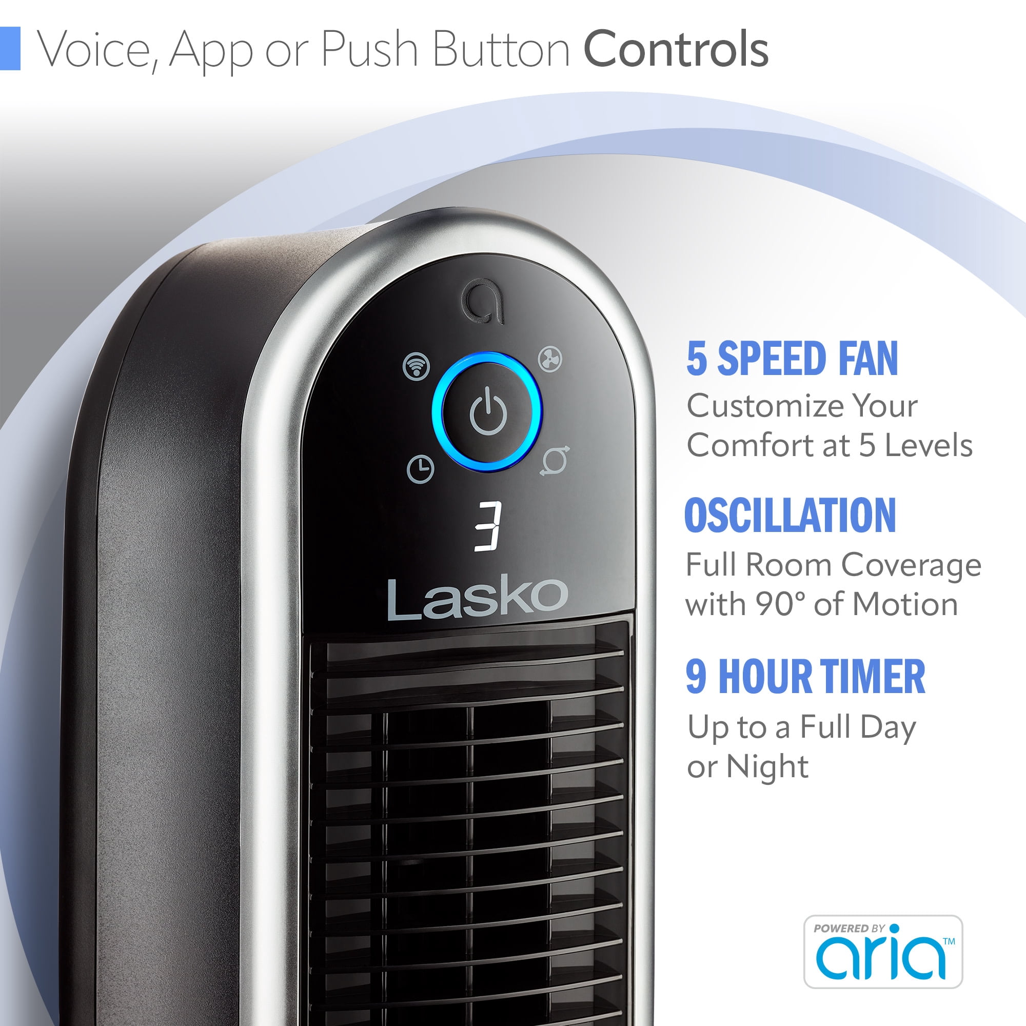 Lasko 40" 5-Speed Smart Tower Fan Powered by Aria, Wi-Fi Connected, Alexa, Google, Black, T40733