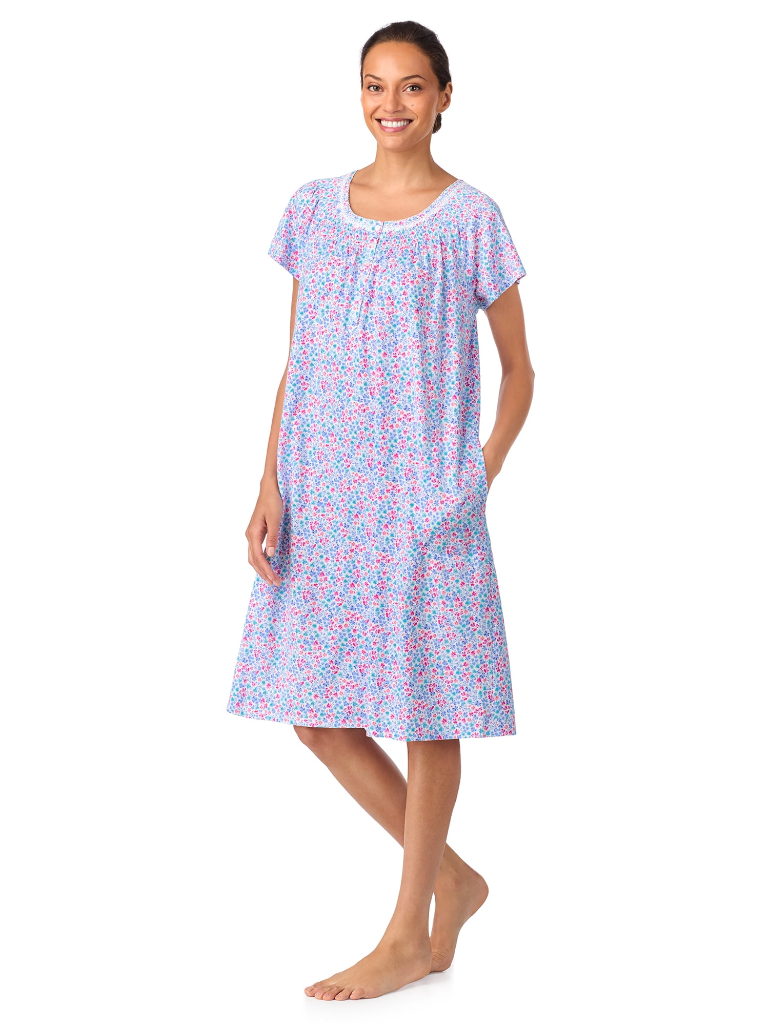 Aria Women's 100% Cotton Raglan Sleeve Smocked Neck 40" Sleepwear Gown, Sizes XS-5X
