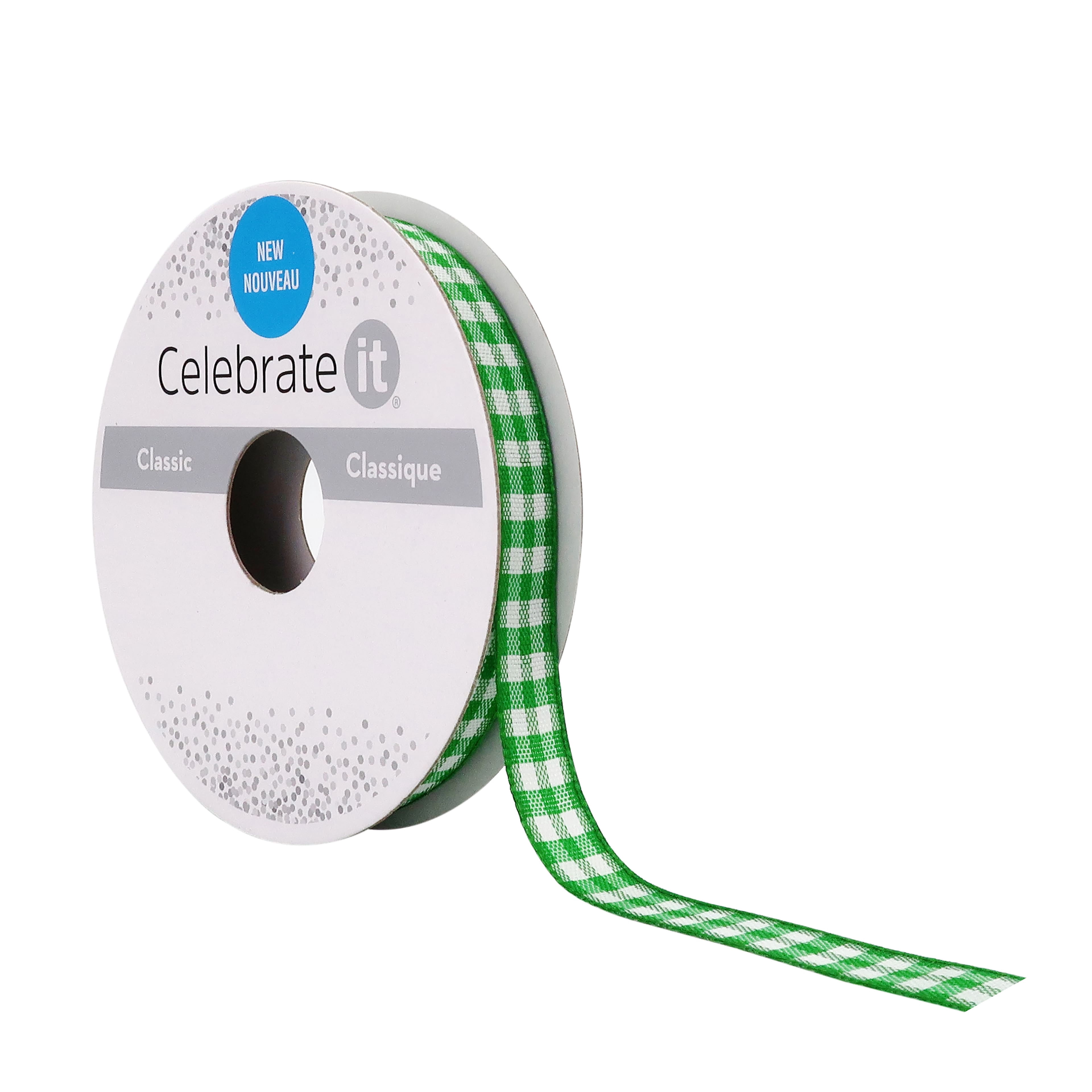 3/8" x 7yd. Green Gingham Ribbon by Celebrate It – Non-Wired Woven Selvage Edge - Ideal for Gift Wrapping - Crafts & Home Decor - 12 Pack