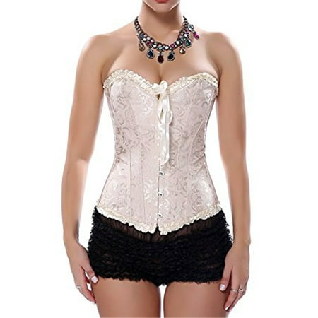 SAYFUT Fashion Women s Corset Intimates Lingerie Top Jacquard Lace Up Overbust Corset Busiter Shapewear with G-String White Size S-6XL