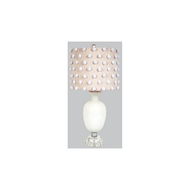 Traditional Base With Pink Drum Shade And White Pom Poms Com Pink Drum Shade And White Pom Poms, Pink Pom Lamp Shade