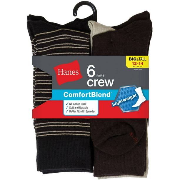 Hanes - Men's Big & Tall Lightweight ComfortBlend Crew Socks 6-Pack ...